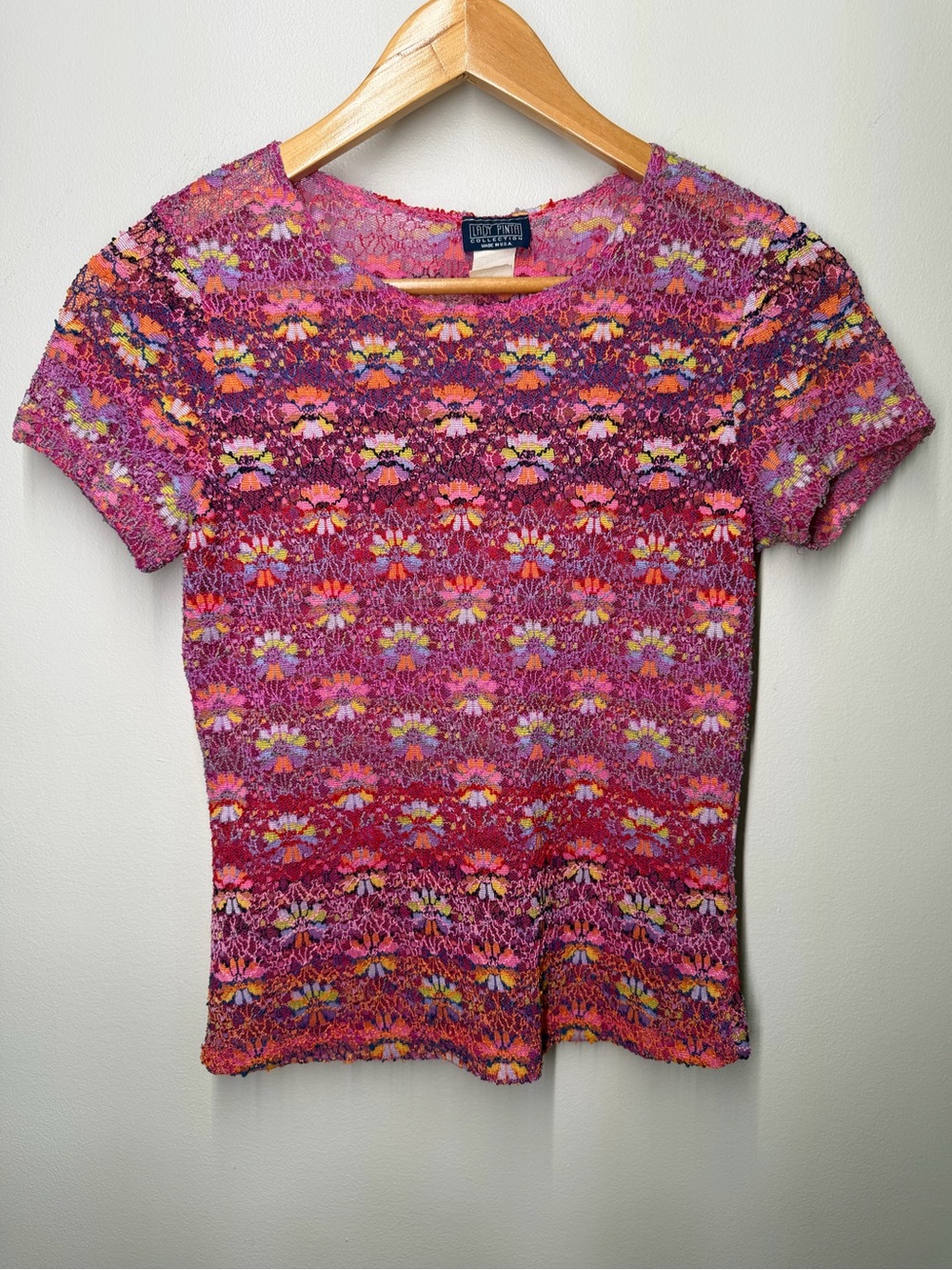 Vintage Y2K Lady Pinta Floral Crochet Mesh Top Boho Fairy‎ Grunge Stretch USA